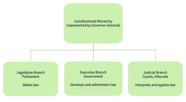 Diagram showing the 3 branches of New Zealand Government. A box at the top states: Constitutional Monarchy (represented by Governor-General). Underneath this box, 3 lines lead to 3 new boxes. The first box states: Legislative Branch, Parliament, Makes law. The second box states: Executive Branch, Government, Develops and administers. The third box states: Judicial Branch, Courts, tribunals, Interprets and applies law.